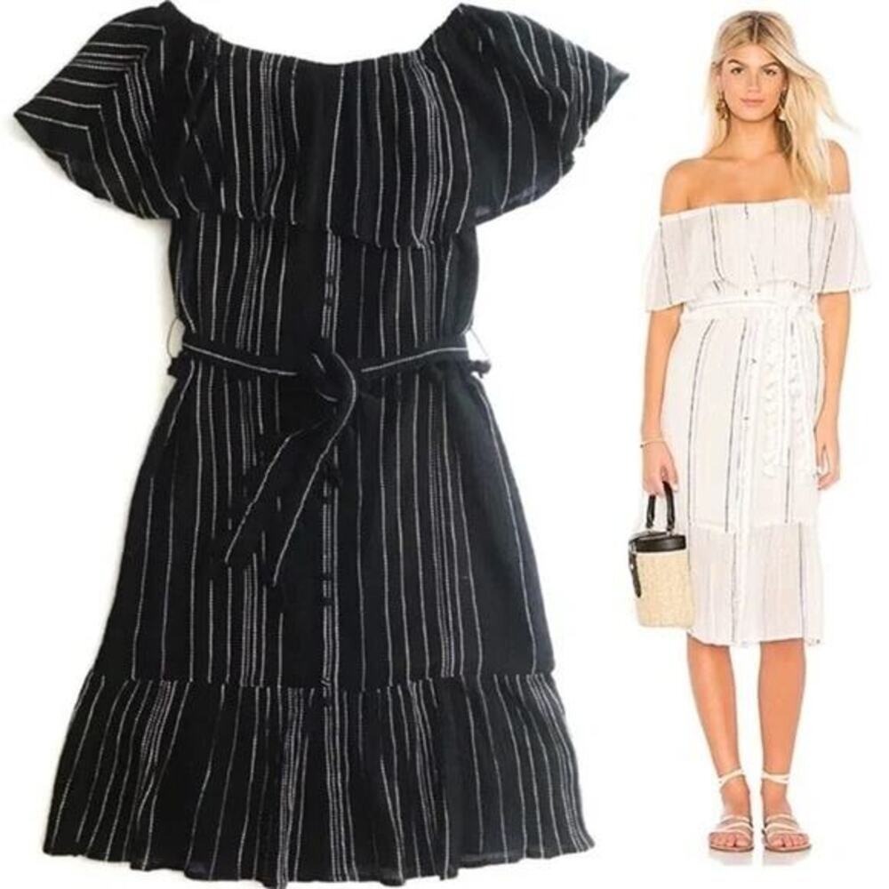 Michael Stars Black Striped Off Shoulder Midi Dress XS Boho Ruffle Cotton Gauze